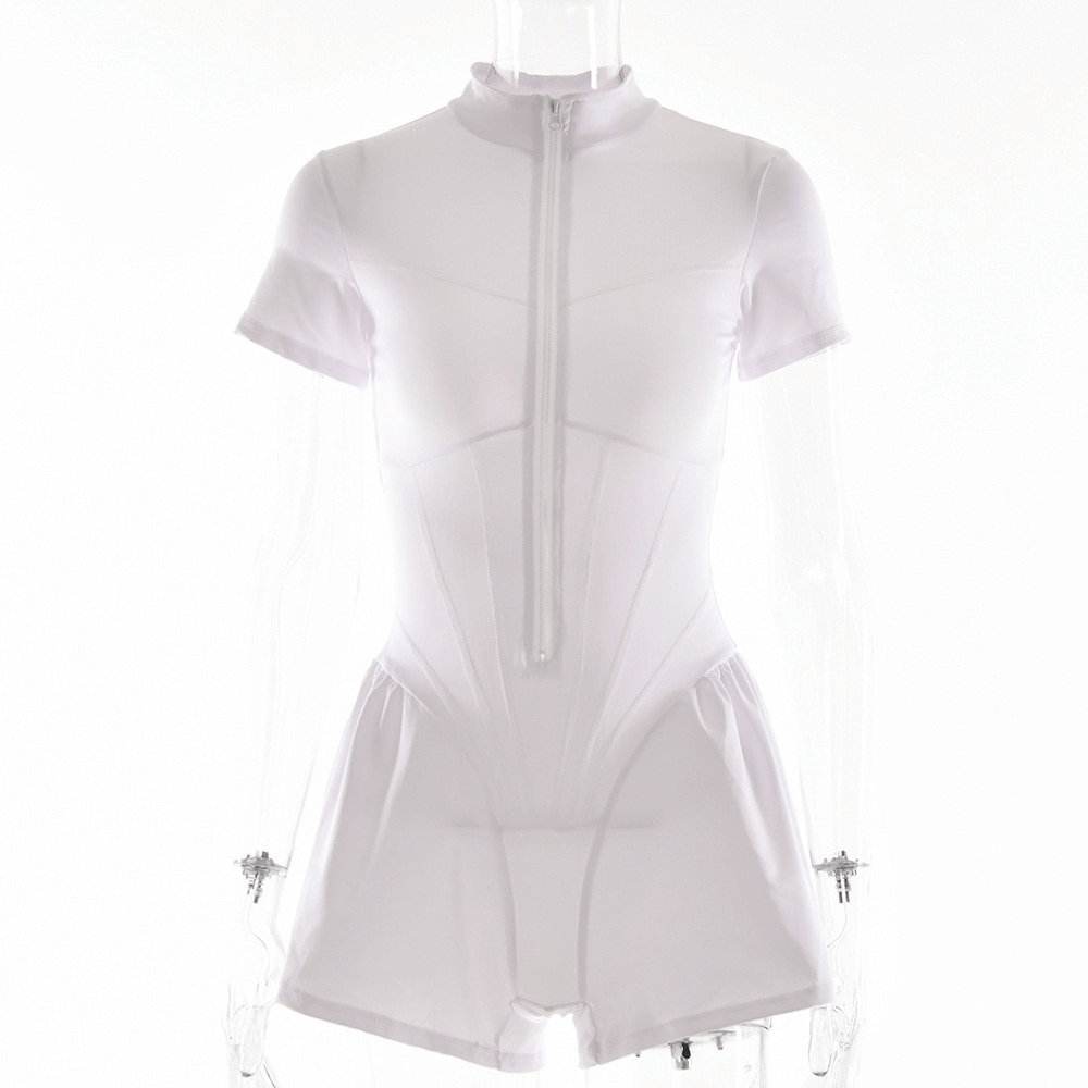 Sexy O-Neck short sleeve zipper bodysuit romper in white, designed for a slimming fit, perfect for sporty and stylish looks. SF1059